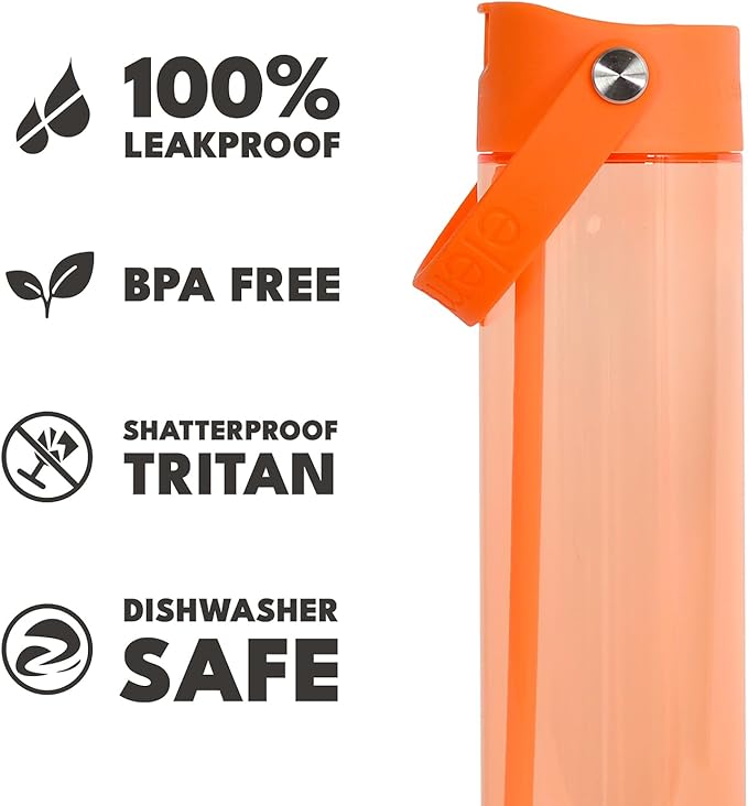 Elemental Splash Water Bottle with Straw - BPA-Free Tritan Plastic Reusable Water Bottle with Strap - Ideal for Travel, Gym and Sports - Leak Proof when Spout is Closed - 26oz - Orange