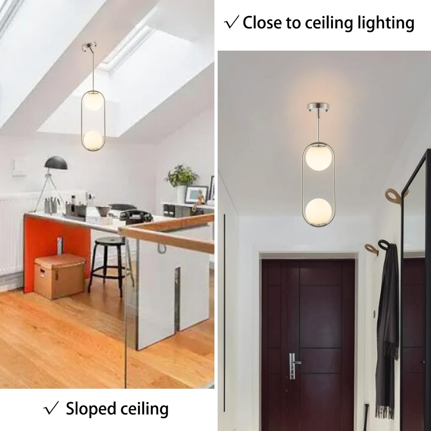 Byoliima Modern Globe Pendant Light 2-Lights Brushed Nickel Chandelier Mid Century Ceiling Hanging Lighting Fixture White Globe Glass Shades For Kitchen Island Dining Room Bedroom