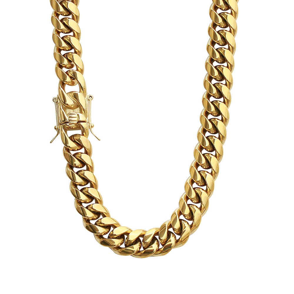 PY BLING Mens Heavy Miami Cuban Link Chain Choker 14k Gold Plated Hip Hop Thick Stainless Steel 8mm-16mm Necklace/Bracelet (10mm