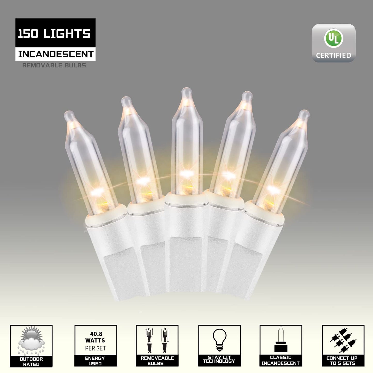 JUSTPRO Mini String Lights 150 Count Waterproof Warm White 9.72m UL Certified White Wire Clear Model HP-150-3/SB