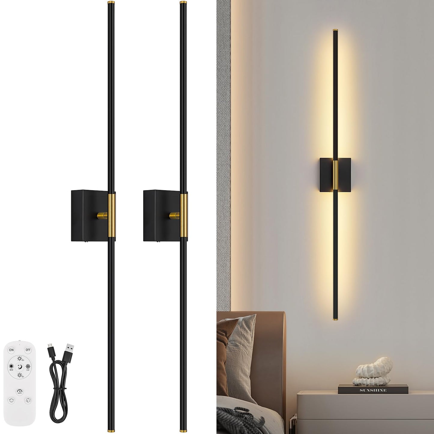 JZEKVN Battery Operated Wall Sconce Set of Two, Dimmable 3000K-6000K, 39.4in, Black & Gold, Model 202411140