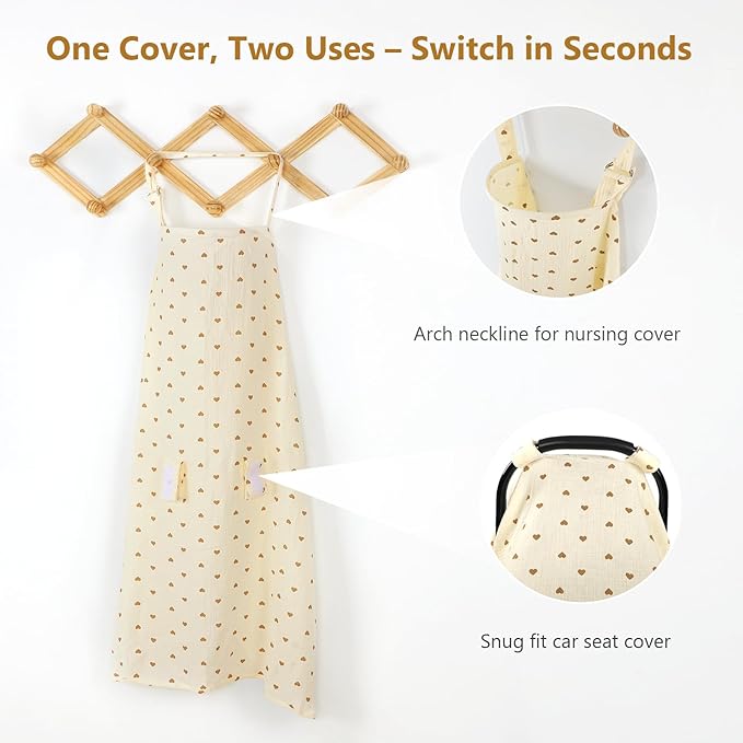 Hooyax 2-in-1 Baby Car Seat Cover & Nursing Cover, 100% Muslin Cotton, Breathable Car Seat Canopy and Privacy Breastfeeding Cover, Tiny Heart