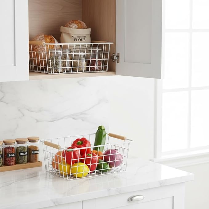 Metal Wire Food Storage Basket Organizer with Wooden Handles for Organizing Kitchen Cabinets, 2 Packs-White