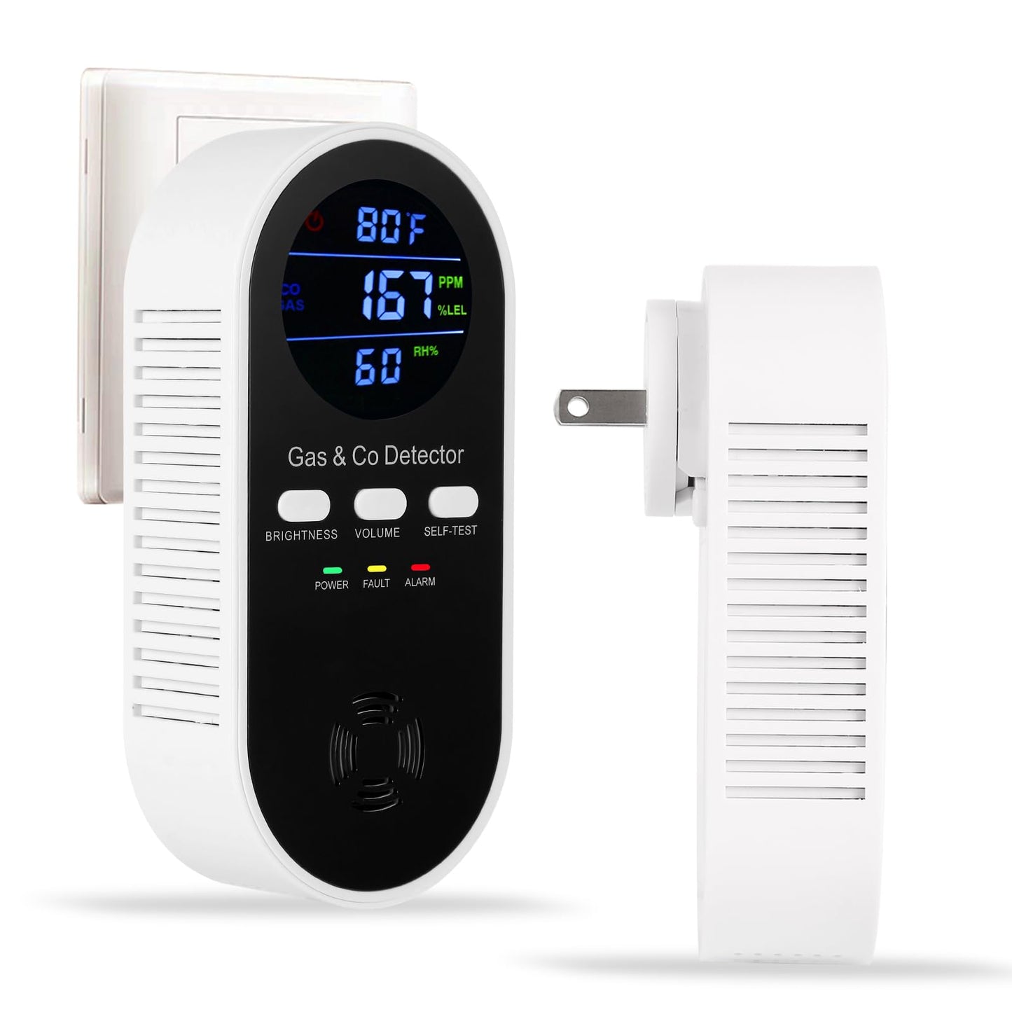 5-in-1 Combination Gas & Carbon Monoxide Detector with Battery Backup,Plug in Natural Gas Detector & CO Alarm with Temperature(°F) & Humidity Sonsor,Propane & CO Detector for Home,RV,Apartment