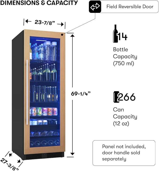 Zephyr 24 Inch Panel-Ready Wine Fridge & Beverage Refrigerator Single Zone Full Size - Tall Wine Cooler Cellars Large Bar Drink Freestanding w/Glass Door - 266x12oz cans & 14x750 ml bottles