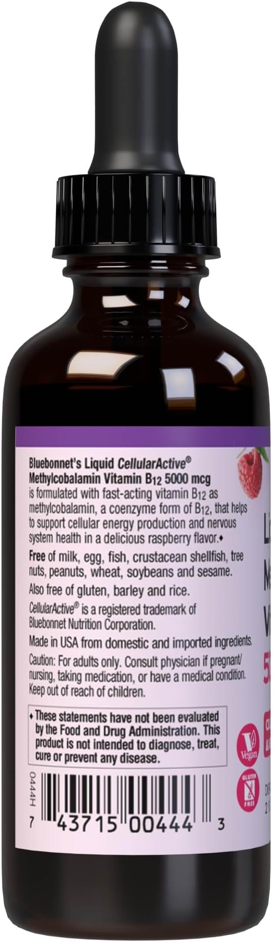 Bluebonnet Liquid Methylcobalamin Vitamin B12 5000 mcg Active Coenzyme Form of Vitamin B 12 Liquid Drops Energy Supplement for Women & Men - Vegan, Gluten-Free - Raspberry Flavor - 2 Fl Oz