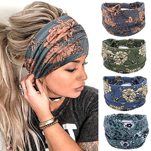 YONUF Wide Boho Headbands for Women Fashion Knotted Headband Yoga Workout Hair Accessories African Head Wrap 4 Pack
