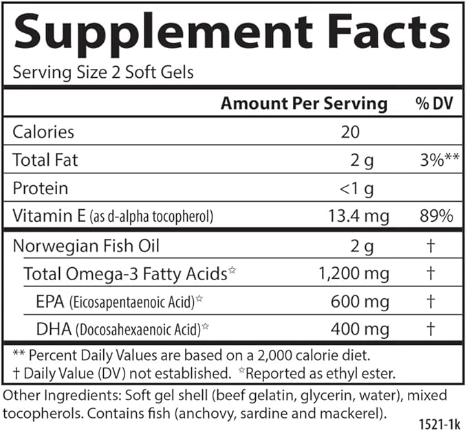 Carlson - Super Omega-3 Gems, 1200 mg Omega-3s, with EPA and DHA, Wild Caught Norwegian Fish Oil Supplement, Sustainably Sourced Fish Oil Capsules, Omega 3 Supplements, 100 Softgels