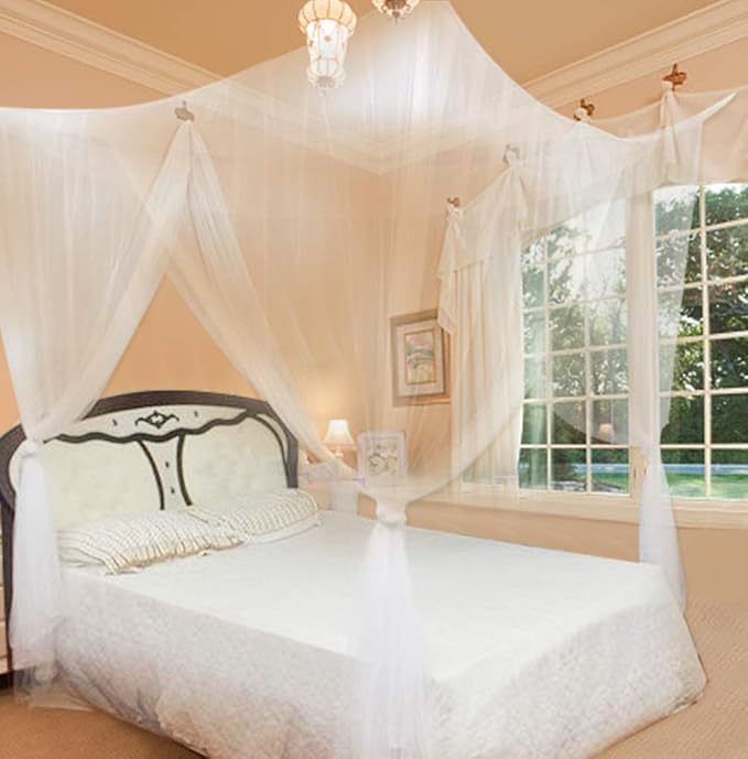Mosquito Net Bed Canopy,4 Corner Post Curtains Bed Canopy Elegant Mosquito Net Set,Screen Netting Canopy Curtains,4 Corner Post Bed Canopy Mosquito Net Full Queen King Size Bedding(White)