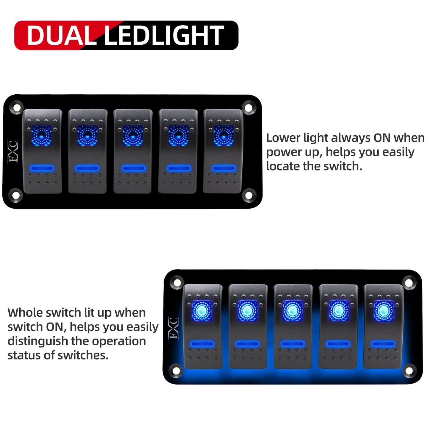 Fxc Rocker Switch Aluminum Panel 5 Gang Toggle Switches Dash 5 Pin On/Off 2 Led Backlit For Boat Car Marine Blue