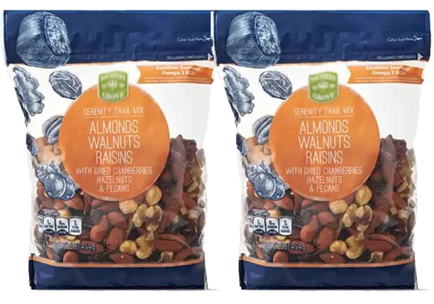 Southern Grove Serenity Omega Trail Mix Almonds Walnuts Raisins With Dried Cranberries Hazelnuts Pecans (2 Bags 15 oz Bag) Healt