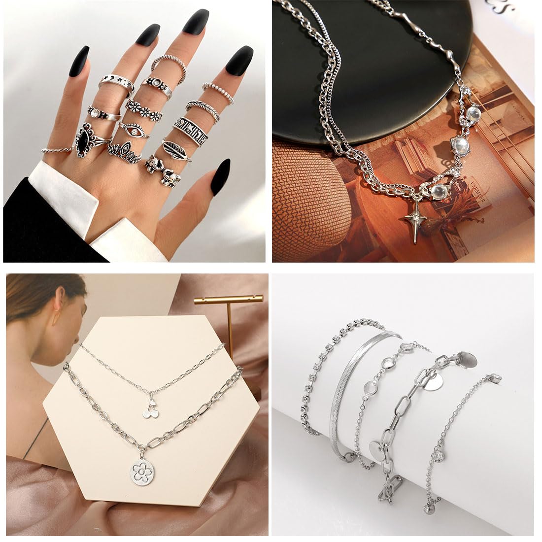 IFNODO 37pcs Silver Jewelry Set With 3 PCS Necklace, 14 PCS Bracelet, 7 PCS Ear Cuffs Earring, 6pcs Hoop Earrings,7pcs silver rings set For Women For Birthday Gifts (1009-1SL)