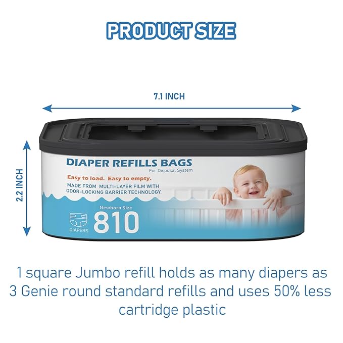 Jumbo Square Refills Disposal Bags Refill Compatible with Diaper Genie Classic, Compact and Select Pails, Hold Up to 810 Newborn-Sized Diapers Per Refill, Pack of 6