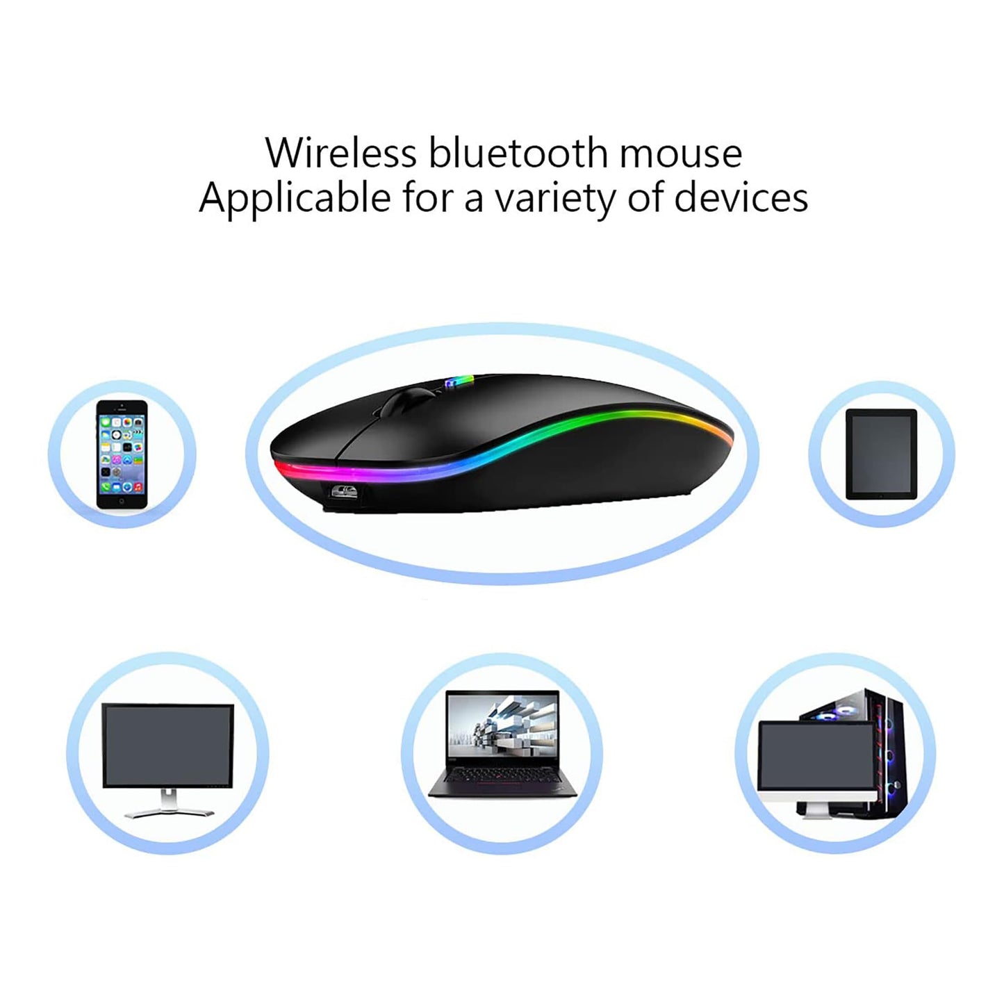 WREANU Wireless Bluetooth Mouse Rechargeable Laptop Mice with LED Lights Silent Slim Use(BT5.2 and 2.4G Portable USB Receiver)Dual Mode Computer Mouse for Laptop/iPad/Tablet/Apple/Computer/Mac(Black)