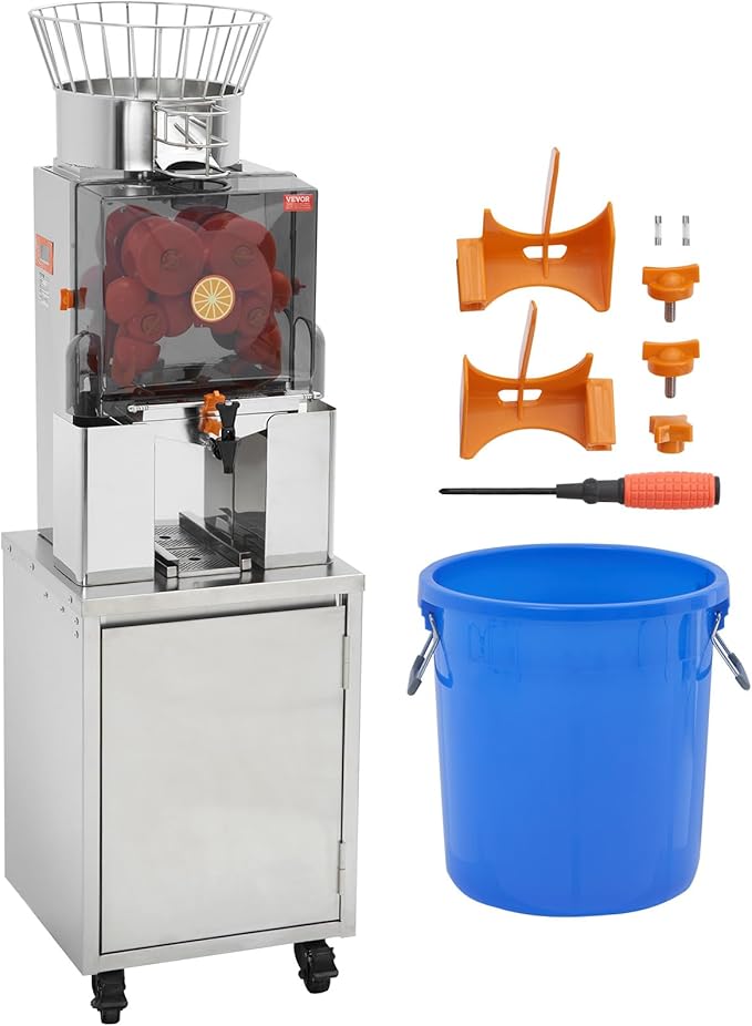 VEVOR Commercial Orange Juicer, 120W Automatic Feeding Juice Extractor with Water Tap, Stainless Steel Juicer Machine 25 Oranges/Minute, with Pull-Out Filter Box, PC Cover, 3 Peel Collecting Buckets