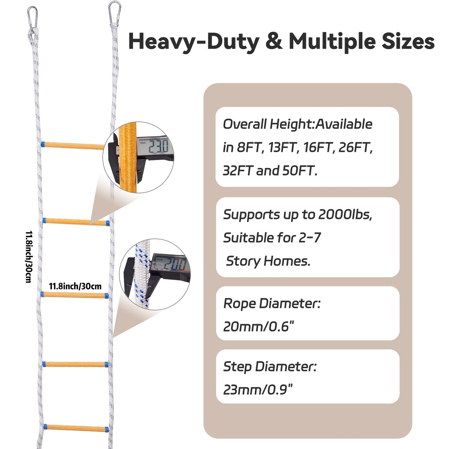 Emergency Fire Escape Ladder 7.6M / 25FT with 2 Hooks, Flame Resistant, Anti-Slip Safety Rope Ladder for Balcony 2-4 Story Homes, Reusable and Portable, Easy to Use & Store for Adults and Kids