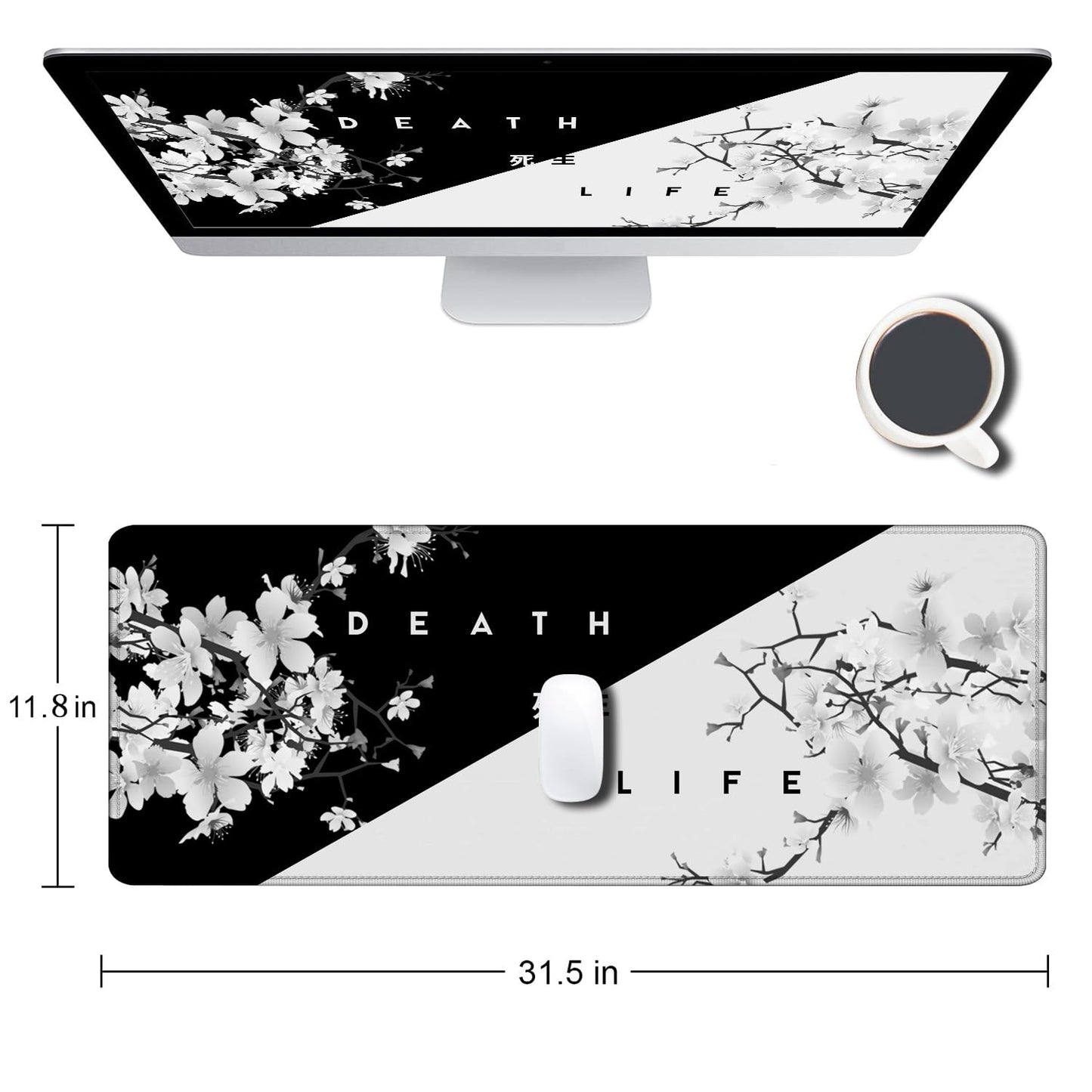 SANWUMIAN Gaming Mouse Pad, Large Mouse Pads for Desk, Non-Slip Rubber Base Mousepad, Keyboard Mouse Mat Desk Pad with Stitched Edges, 31.5x11.8 inch Sakura Death Life Floral