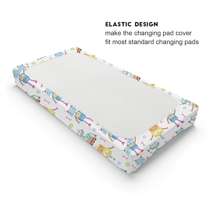 Cartoon Robots Changing Pad Covers Cute Robots Baby Diaper Changing Table Cover for Boys Girls Robots Nursery Decor Ultra Soft Breathable Stretch Changing Table Sheets Mats 32''x16''