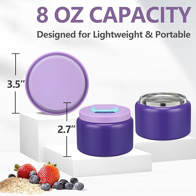 PIQUEBAR 8oz Kids Thermo for Hot Food,Small Lunch Thermos Food Container Stainless Steel,Easy Open Wide Mouth Thermo for Hot Cold Food for Preschool Travel (Dark Purple)