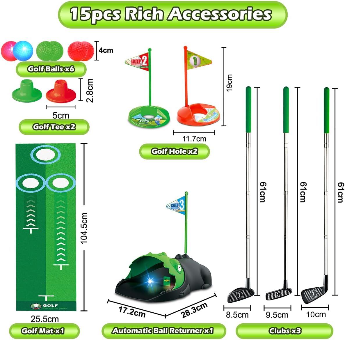 Upgraded Kids Toy Golf Set with Dinosaur Automatic Golf Returner, Led Light Up Night Golf Balls, 3 Clubs, Putting Mat, 3-8 Toddler Mini Golf Games, Indoor Outdoor Sports Toys for Boys Girls 3+