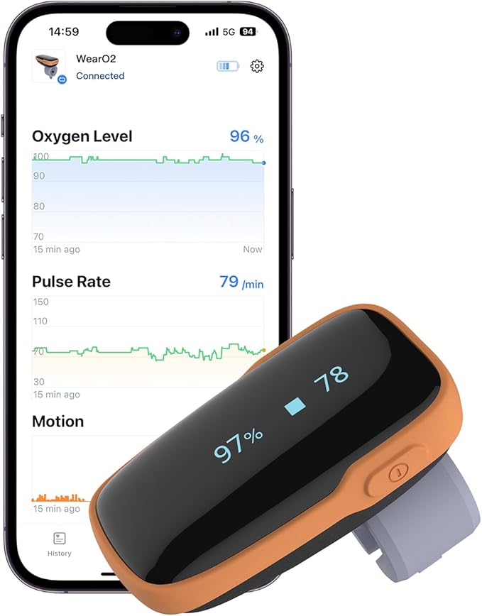 Vibeat Wearable Pulse Oximeter - WearO2 Bluetooth Oxygen Meter for Continuous Blood Oxygen and Heart Rate Tracking, Finger...