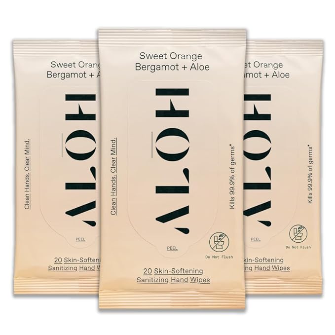 ALŌH Sweet Orange Bergamot + Aloe Sanitizing Hand Wipes - Clean Hands, Clear Mind - On The Go Hand Sanitizing Wipes for Kids and Adults - Travel Size 3 Pack 20ct Wipes (60 wipes)