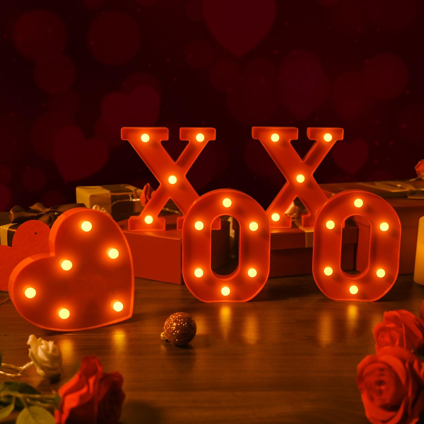 EDYCON 5Packs Valentine's Day Letter Lights Sign Table Decorations LED Light up Letters Battery Powered Letter for Home Party Bedroom Tabletop Fireplace Indoor Decor(XOXO Heart)