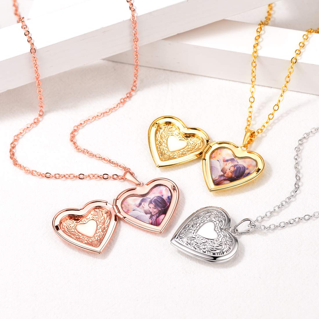 U7 Rose Gold Locket Necklace with Rolo Chain 22 Inch, Romantic Flower Heart Photo Locket Pendant for Women