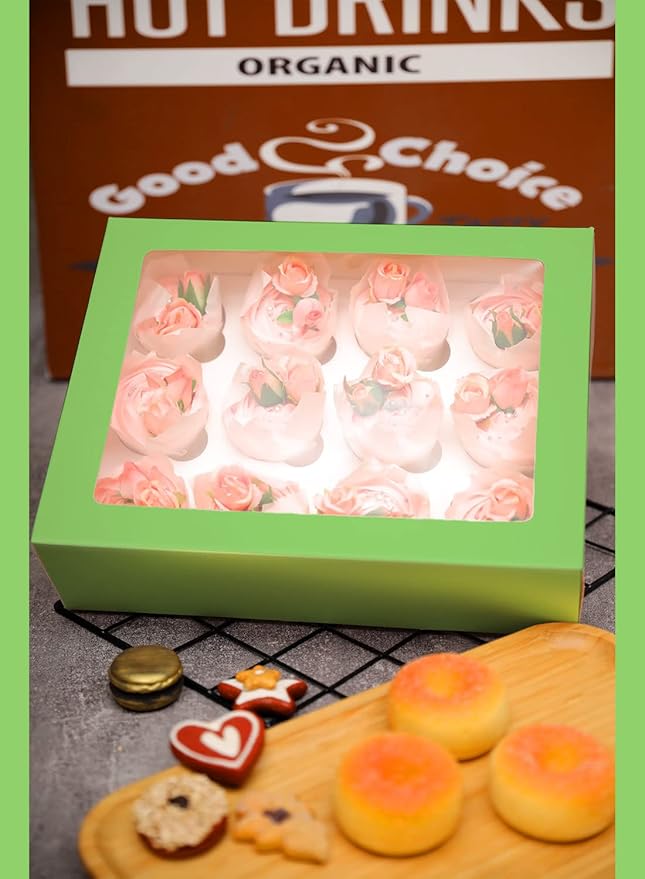 Bakepacker 12 Cupcake Containers 10-Packs Avocado Cupcake Box Cupcakes Carrier, 12 Cupcake Boxes with Window 13"x10"x3.5"（Auto-pop up）