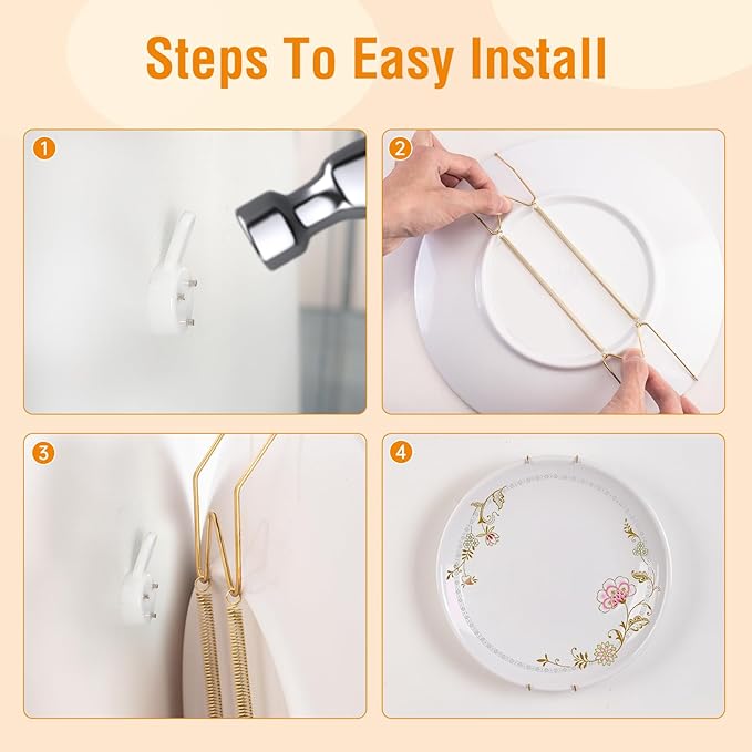 2 Pack Plate Hangers for The Wall, Suitable for 6-8 inch Art Plate, Stainless Steel Invisible Heavy Duty Wire Plate Holder with Wall Hooks, Plate Hangers for Displaying Plates, Platter, Dish, Gold