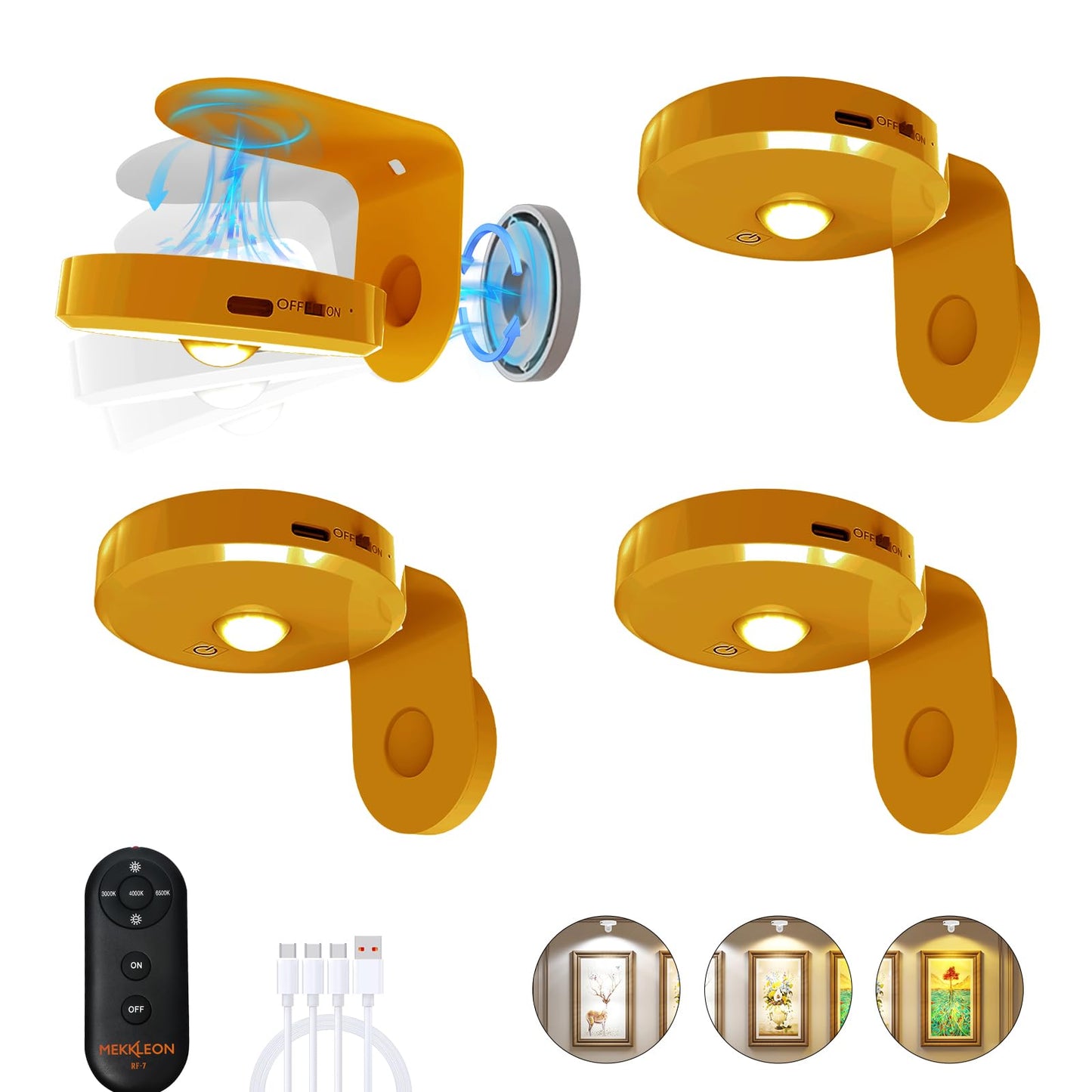 MEKKLEON Wireless Picture Lights - Dimmable Art Lighting, Rechargeable 2000mAh, Remote Control, Gold, 4 Pack, Model M3-G18