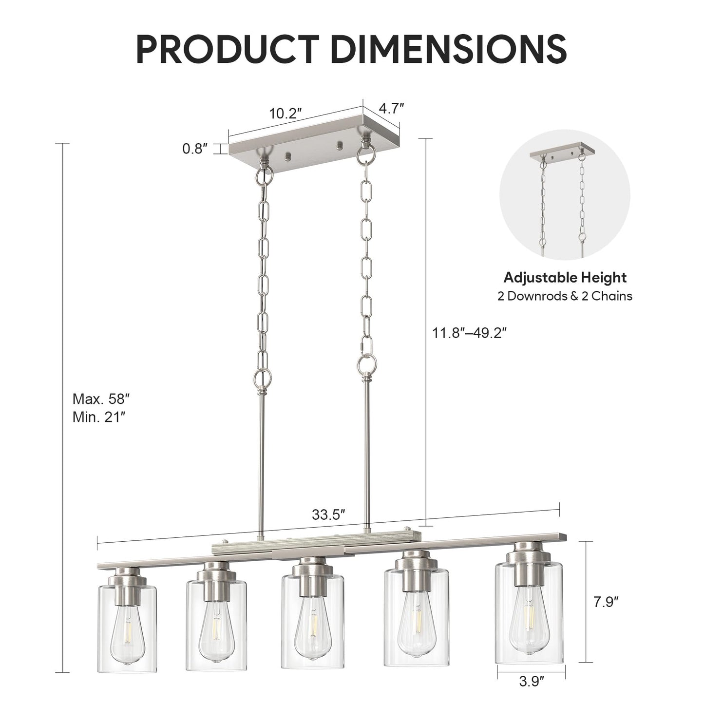 Vonluce Kitchen Island Lighting  5-Light Dining Room Light Fixture Over Table With Glass Shade And Adjustable Rods  Farmhouse Linear Chandelier For Kitchen Island  Brushed Nickel  Etl Certificated