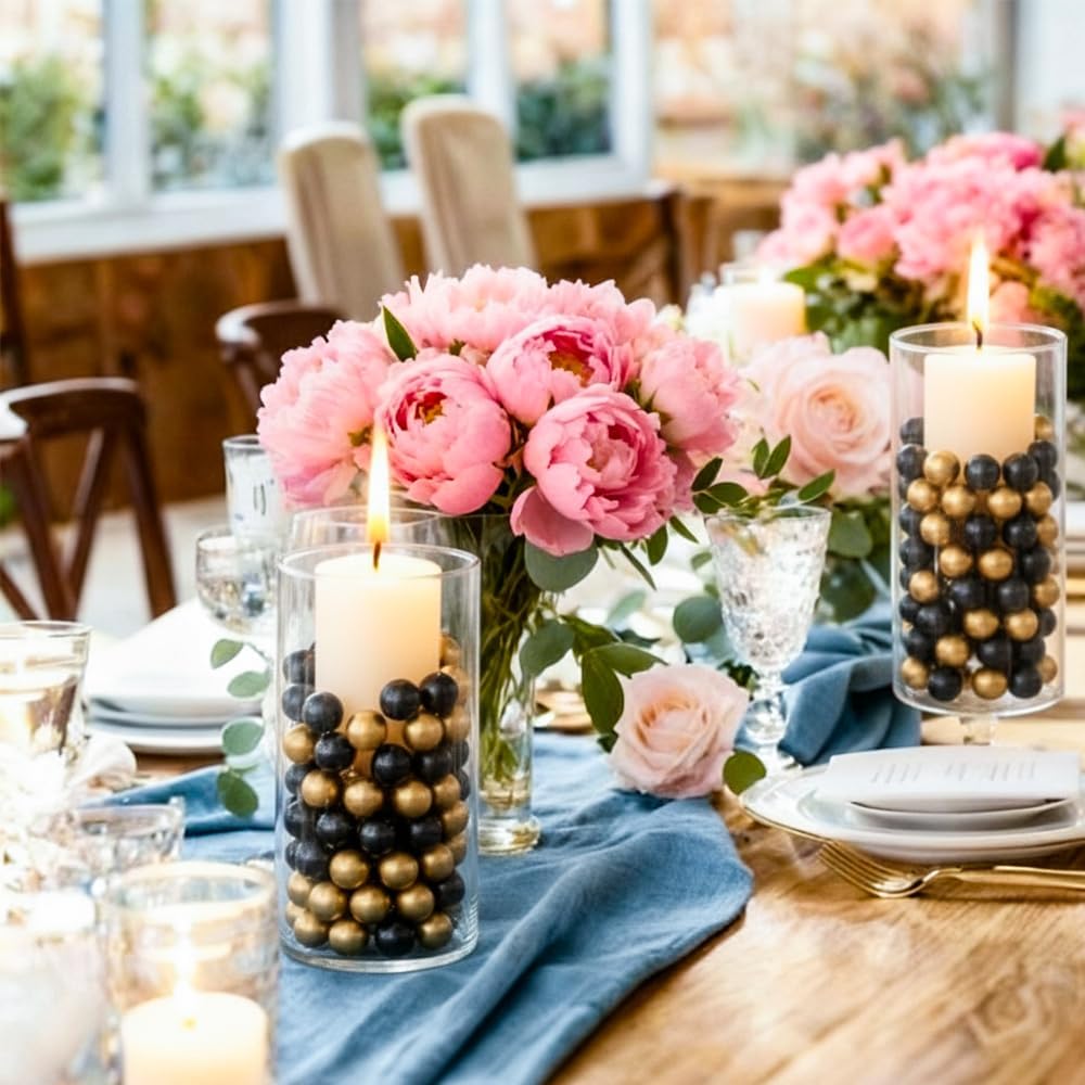 Pearl Beads No Hole Pearls for Crafting 180 Pcs Fake Pearls Faux Pearls for DIY Crafts Jewelry Making Vase Filler Floating Candle Wedding Birthday Party Home Decorations (Black & Gold, 8/10/14/20mm)