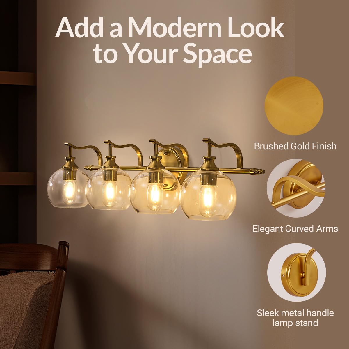 Andy Star Brass Vanity Light  Gold Bathroom Light Fixtures 4 Lights  27.8 Inch Vintage Bathroom Sconces  Brushed Brass Vanity Lighting With Globe Clear Glass Shade  E26 Base (Bulbs Not Included)