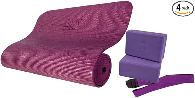 Body Sport 4-Piece Yoga Kit, (1) 72 in. x 1/4 in. Fitness Mat, (2) Purple Blocks, (1) 6 ft. Exercise Strap - Beginner Set ...