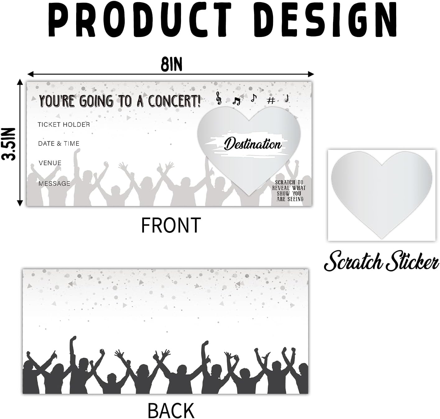 Concert Ticket, DIY Scratch Off Cards with Envelope for Vacation Birthday Wedding, Surprise Music Festival Reveal Gifts for Couples Family and Friends (5 Set) -006C