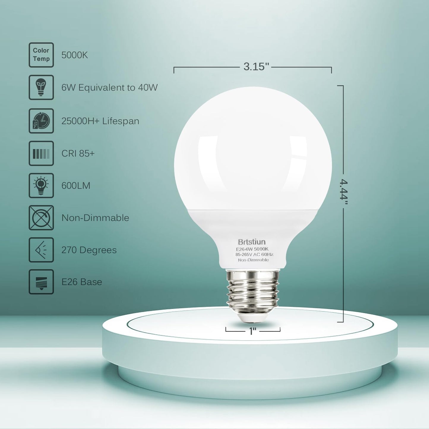 Brtstiun G25 LED Light Bulb, Round Vanity Light Bulbs for Bathroom, 40W LED Equivalent, Daylight White 5000K, Globe Light Bulbs E26 Base, 600LM, Non-Dimmable, 4-Pack