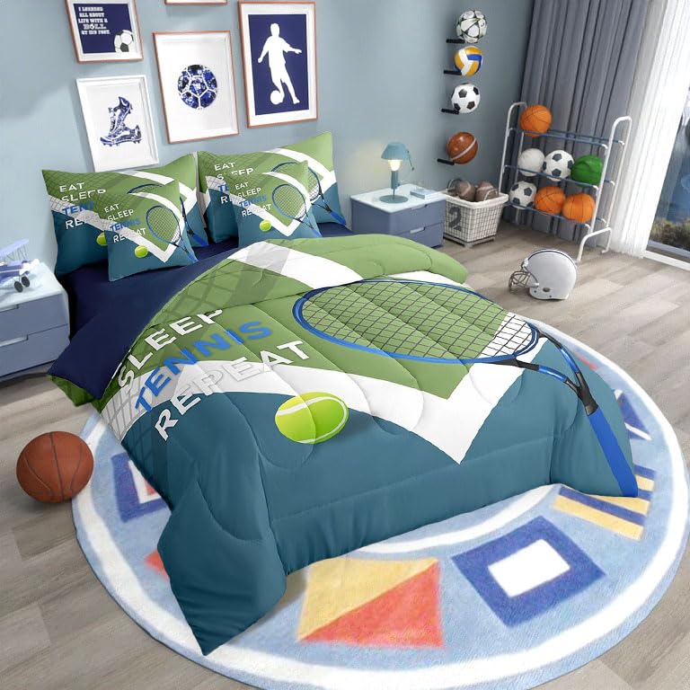 Sports Tennis Comforter Set for Kids Room Decor,Modern Fashion Ball Game Bedding Set Full Size 7 Pcs,Tennis Racket Print B...