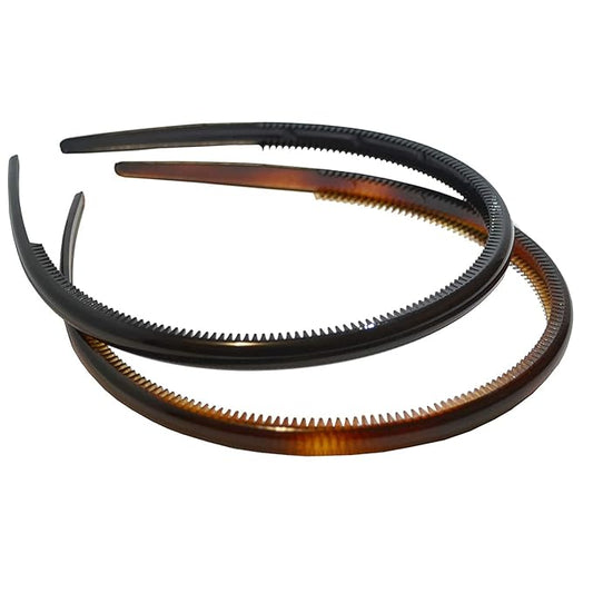 Parcelona French Thin Set of 2 Tortoise Shell Brown and Black Hair Headbands with Inner Teeth Nibs