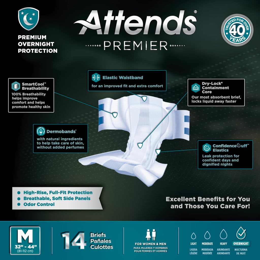 Attends Premier SmartCool® Adult Briefs, Medium 32–44" Waist, High-Rise Tab Closure, Premium Overnight Dry-Lock Protection, Breathable Materials, Odor Control, 56 ct Case