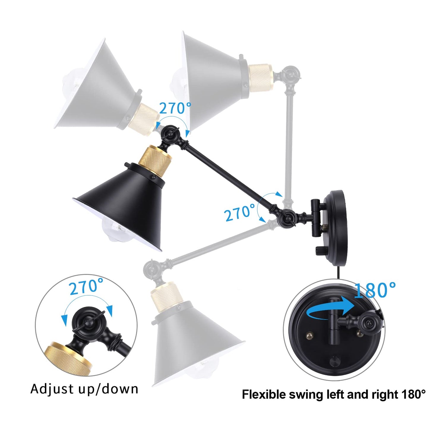 TRLIFE Wall Sconce, Dimmable Swing Arm Light, Metal, Black, 1 Pack, Model Arm-Sconce-01, Bulb Included