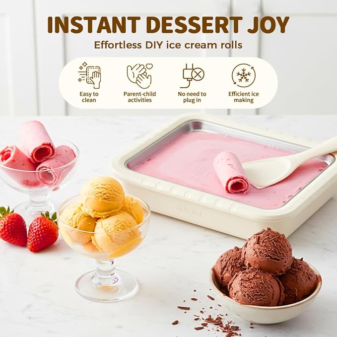 Rolled Ice Cream Maker Kit, 2026 New At-Home Stainless Steel Instant Freeze Plate with 2 Scrapers, DIY Rolled Ice Cream Tray, Perfect for Family Fun, Easy Homemade Desserts (Purple)