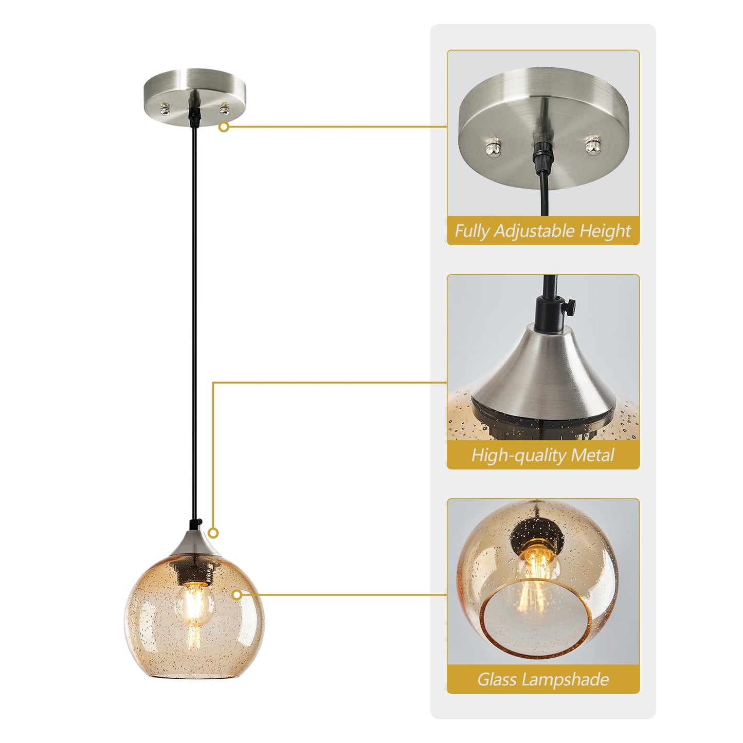 Lbsqj Light Brown Glass Pendant Lights Kitchen Island Globe Pendant Light Fixtures Modern Pendant Lighting For Bedroom Living Dining Room Light Fixture (5.9 In  2 Pack)