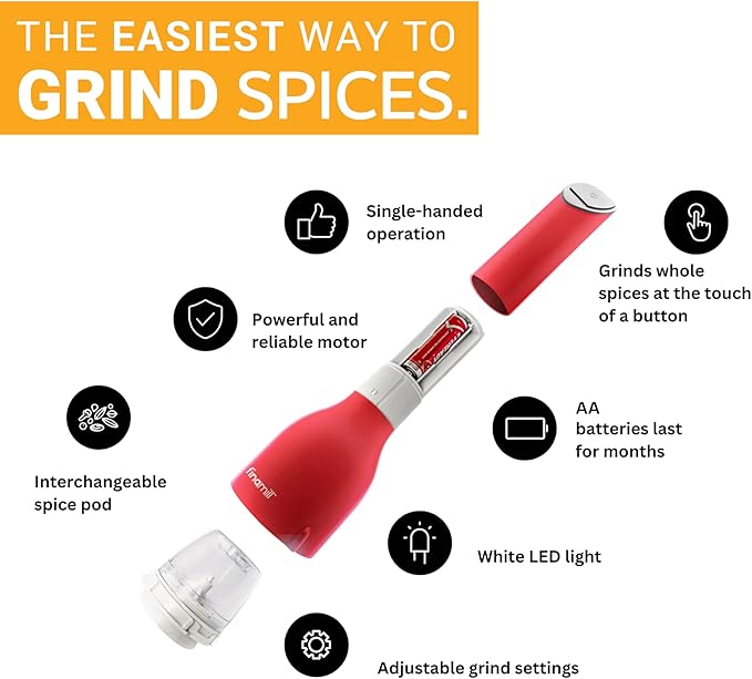 FinaMill Classic Battery Spice Mill – Battery Operated Salt and Pepper Grinder Set, Includes 2 Interchangeable Spice Pods, Adjustable Coarseness, Ceramic Grinder, LED Light, Kitchen Gifts for Women