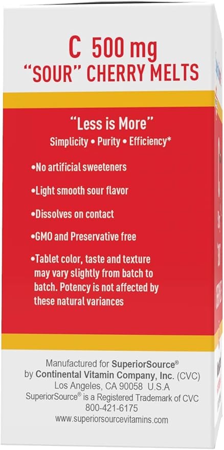 Superior Source Vitamin C 500 mg ?Sour? Cherry Melts - Daily Vitamin Supplement Supports Immune Health - Vitamin C Formula Aids Cell Health - 90 Sublingual Dissolving Tablets