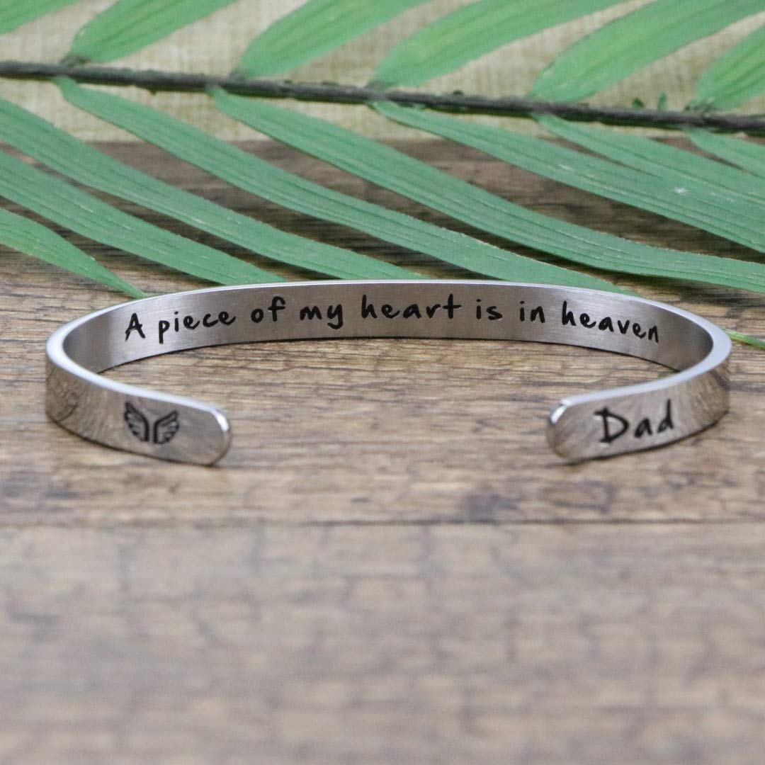JoycuFF A Piece Of My Heart Is In Heaven Memorial Jewelry Loss of Dad Sympathy Gifts for Women Remembrance Mantra Cuff Bracelet