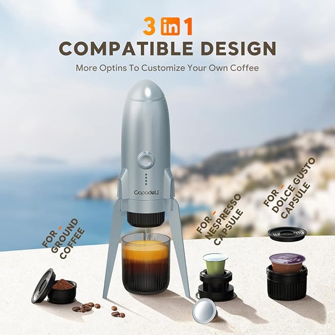 3 in 1 Portable Espresso Machine On the Go, Self-Heating Electric Espresso Maker, 19 Bar Mini Coffee Maker For Travel Camping & Hiking For Ground Coffee & NESPRESSO/DolceGusto Pod, Bright White