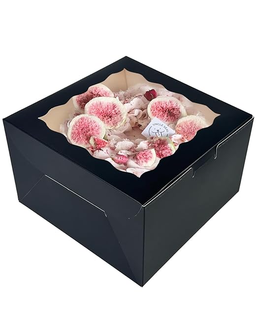 qiqee 8x8x5 Cake Box, 18 Sets Black Cake Box with Window ＆ 18 Sets 8" Black Cake Round Boards, 8inch Cake Containers