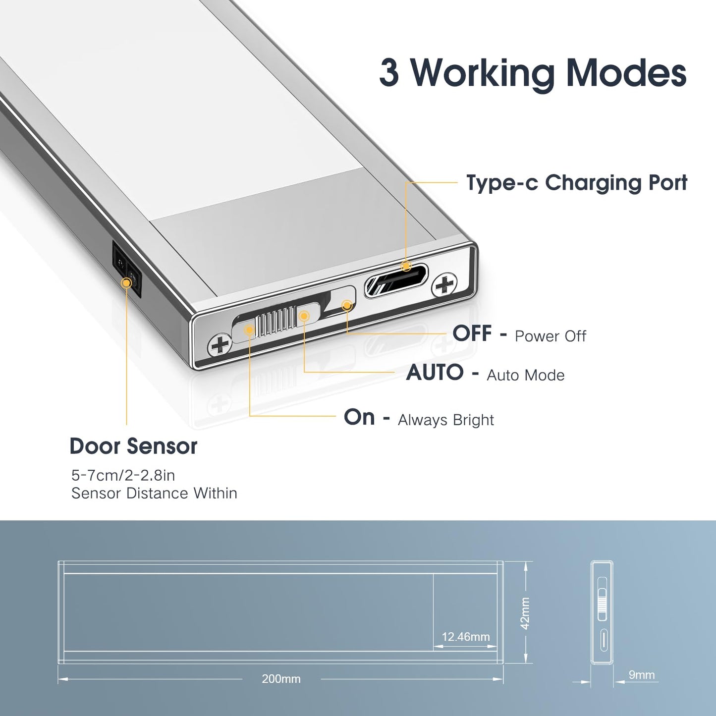 VST Rechargeable LED Cabinet Light, Warm Light 3000K, Aluminum, 7.87in, 2 Pack, Silver, Model BT09W31AMZUS1001