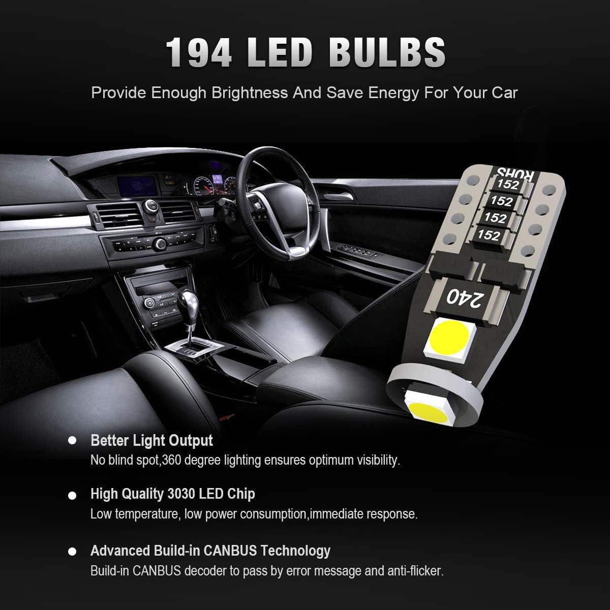 Kafeek Led Bulbs T10 Wedge 194 168 2825 W5W, Super Bright 3-3030 Chipset, Can-Bus Error Free, Xenon White